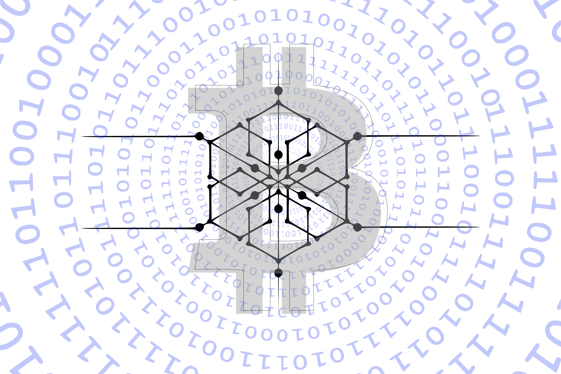 Rings of binary code circling a coin symbol, illustrating how blockchain data is recorded and read